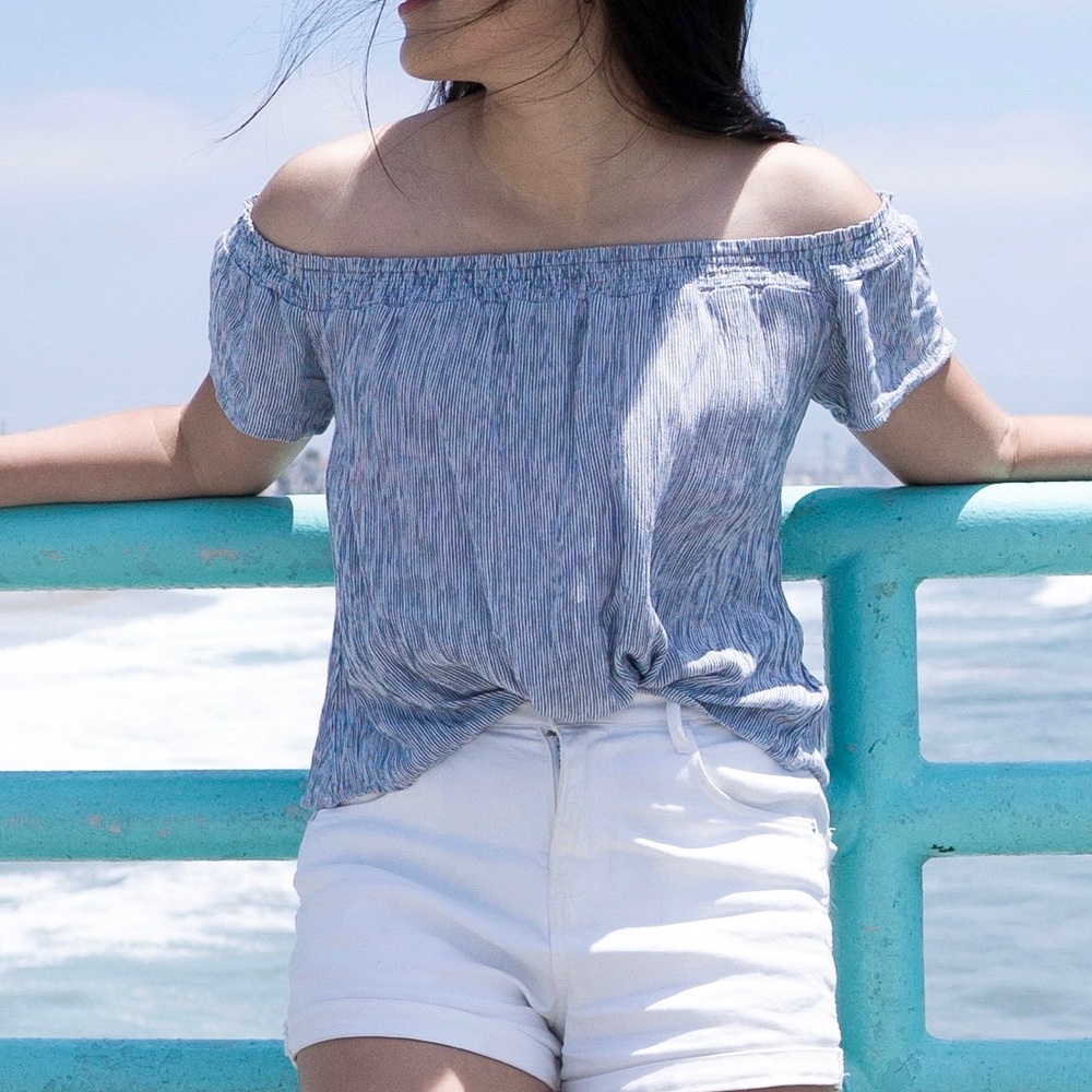 Off the shoulders blue and white striped top size s